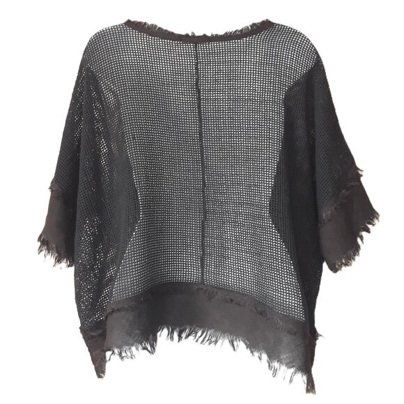 Black Open-Knit Asymmetrical Sweater Poncho Cotton Distressed Frayed Trim OSFM - Picture 3 of 5